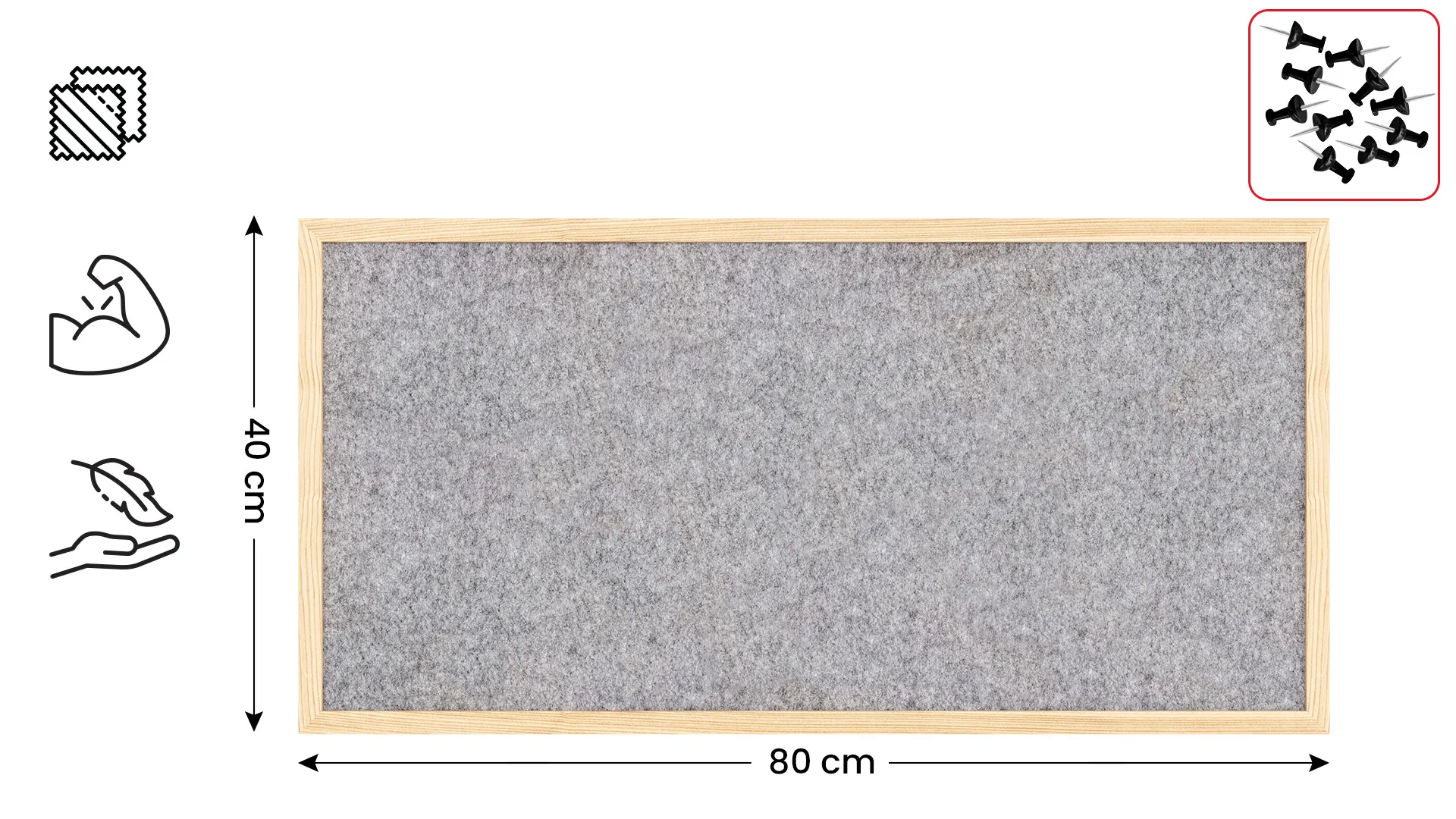 Tableau en feutre 80x40 cm, gris clair, avec cadre en bois laqué – Image 2
