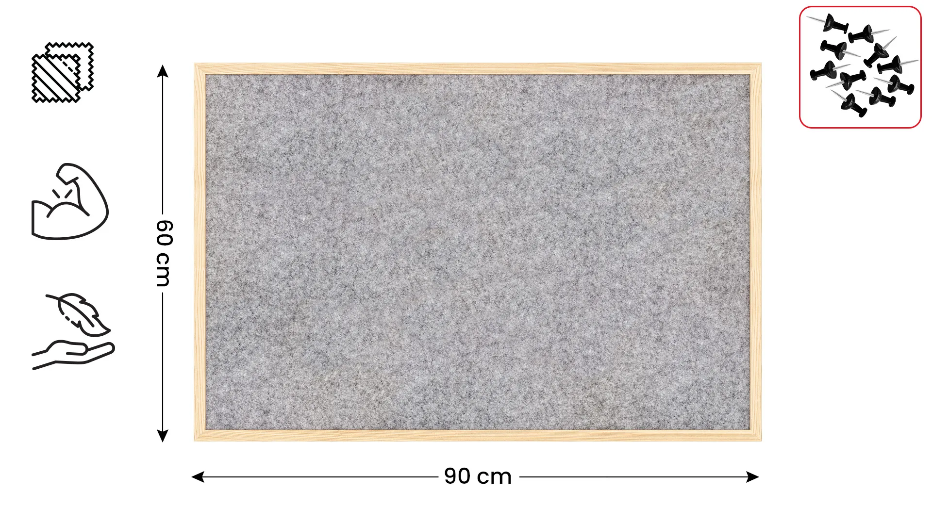 Tableau en feutre 90x60 cm, gris clair, avec cadre en bois laqué – Image 2