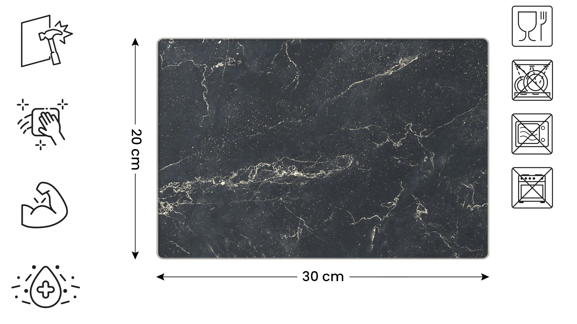 Planche à Découper & Plateau en Verre 30x20cm avec Motif Marbre Noir – Image 2