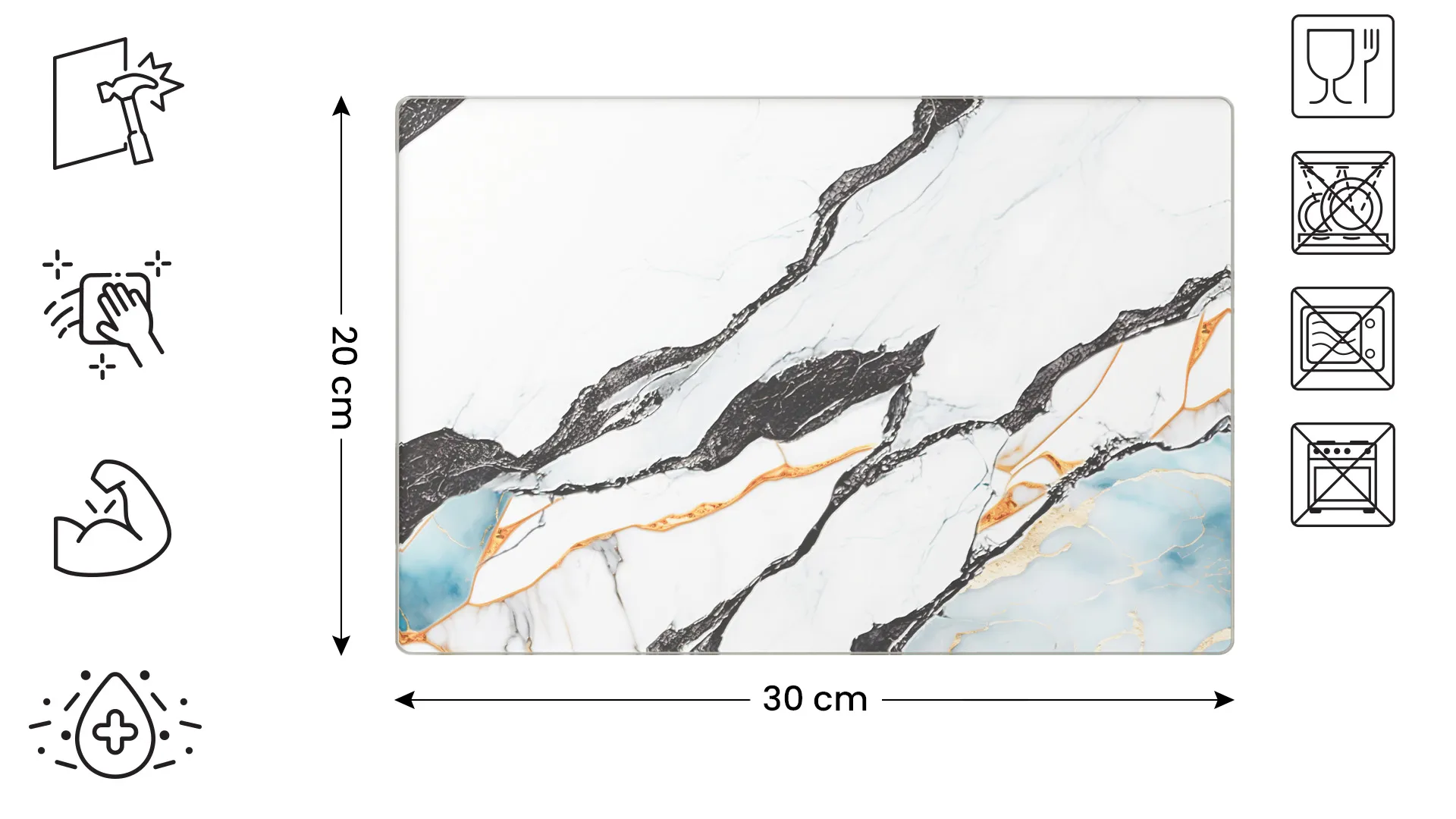 Planche à Découper & Plateau en Verre 30x20cm avec Motif Anthracite Marbre Or – Image 2