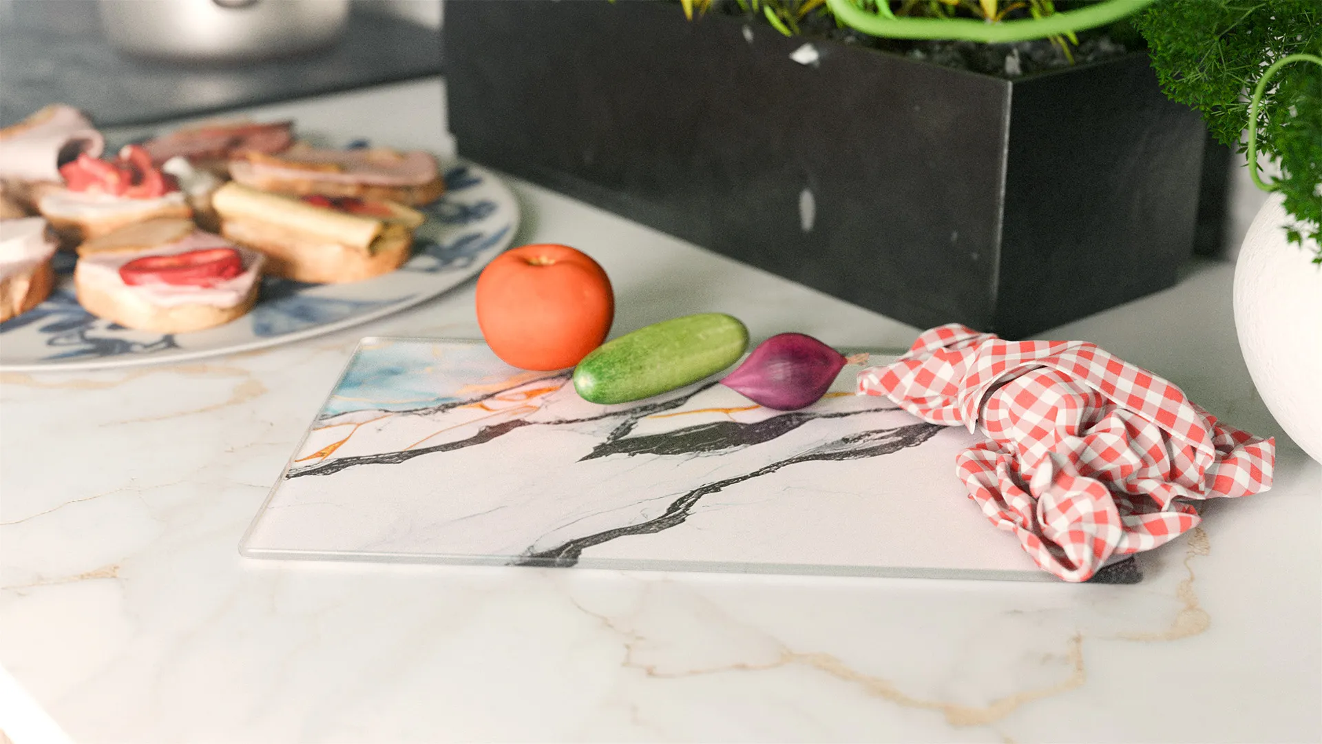 Planche à Découper & Plateau en Verre 30x20cm avec Motif Anthracite Marbre Or – Image 3