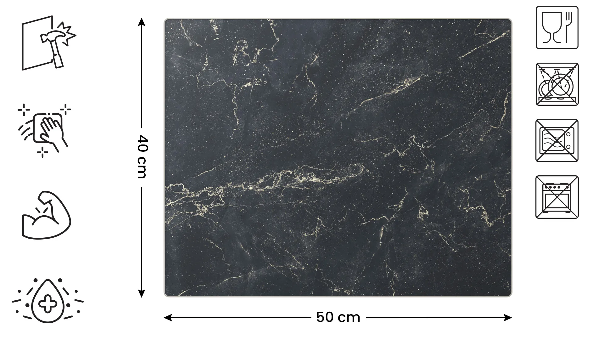 Planche à Découper & Plateau en Verre 50x40cm avec Motif Marbre Noir – Image 2