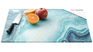 Planche à Découper & Plateau en Verre 50x40cm avec Motif BLEU ET OR