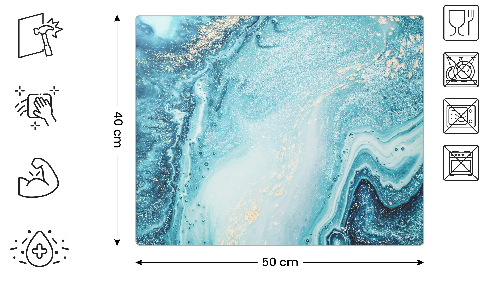Planche à Découper & Plateau en Verre 50x40cm avec Motif BLEU ET OR – Image 2
