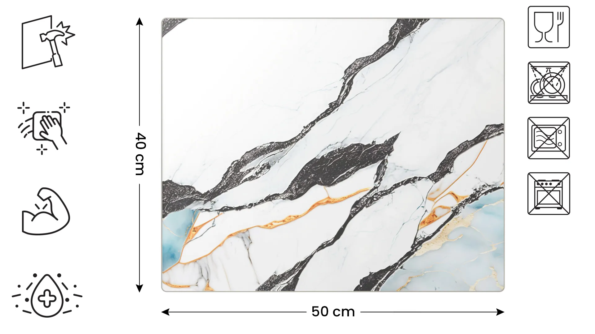 Planche à Découper & Plateau en Verre 50x40cm avec Motif Anthracite Marbre Or – Image 2