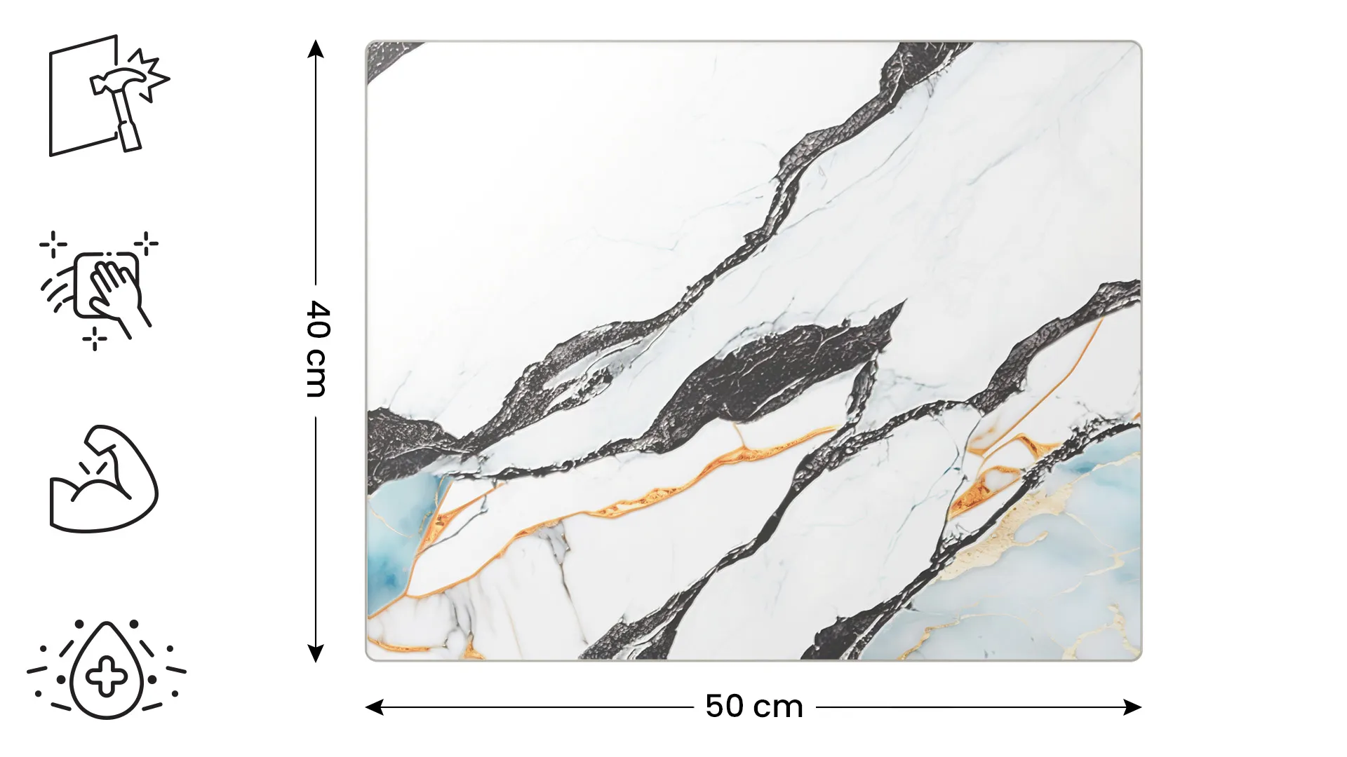 Planche à Découper & Plateau en Verre 50x40cm avec Motif Anthracite Marbre Or – Image 2