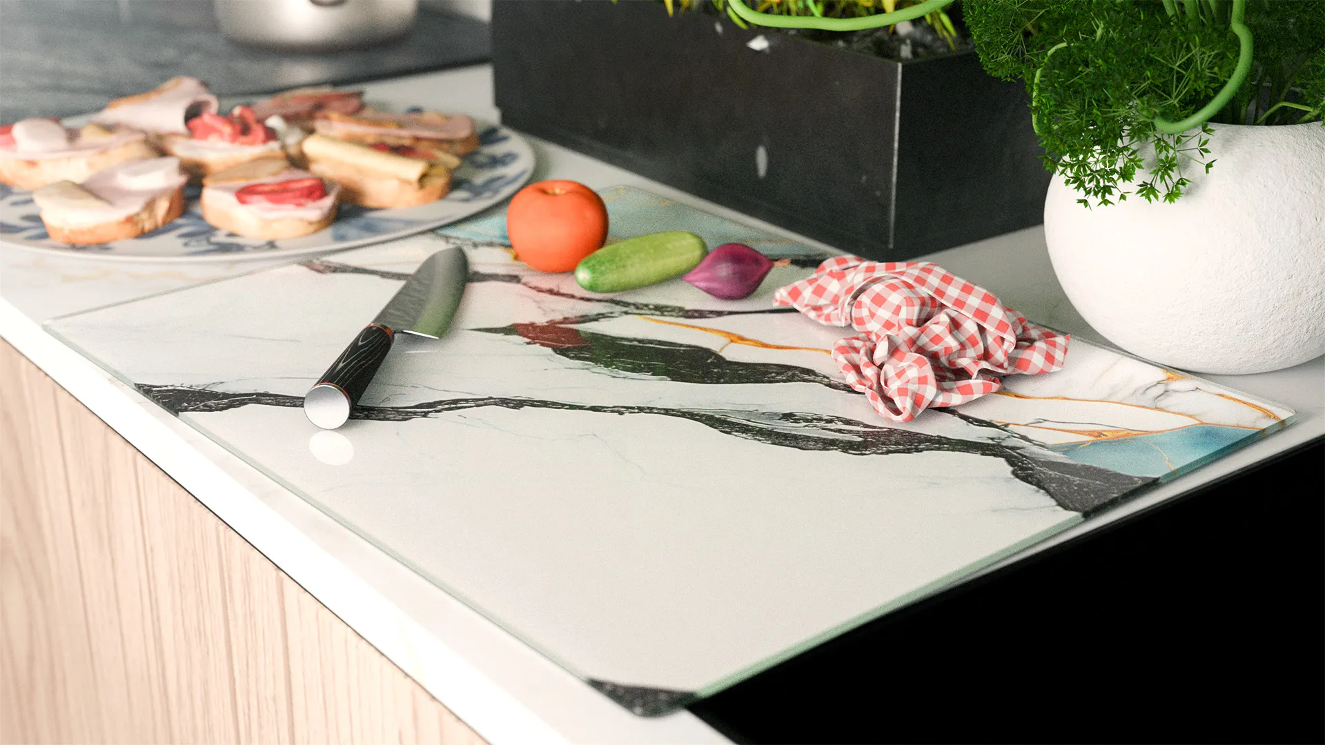 Planche à Découper & Plateau en Verre 50x40cm avec Motif Anthracite Marbre Or – Image 3