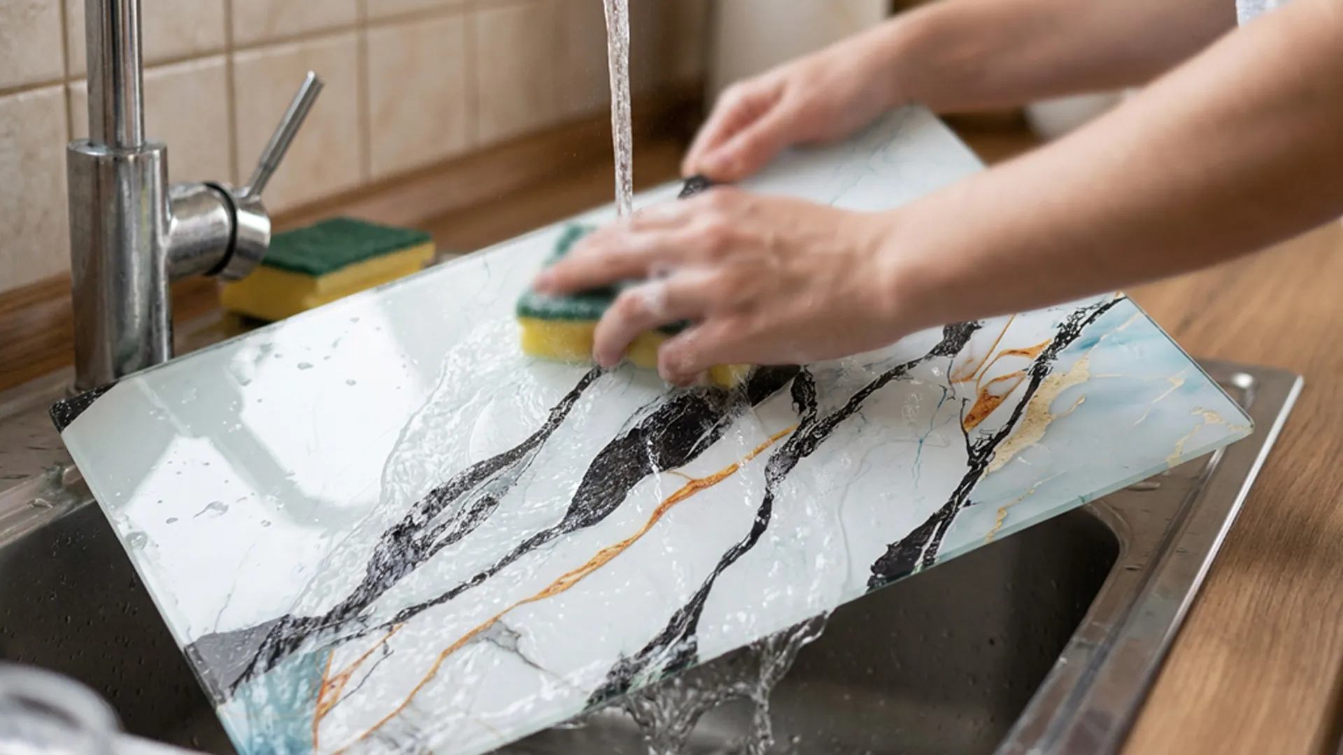 Planche à Découper & Plateau en Verre 50x40cm avec Motif Anthracite Marbre Or – Image 7