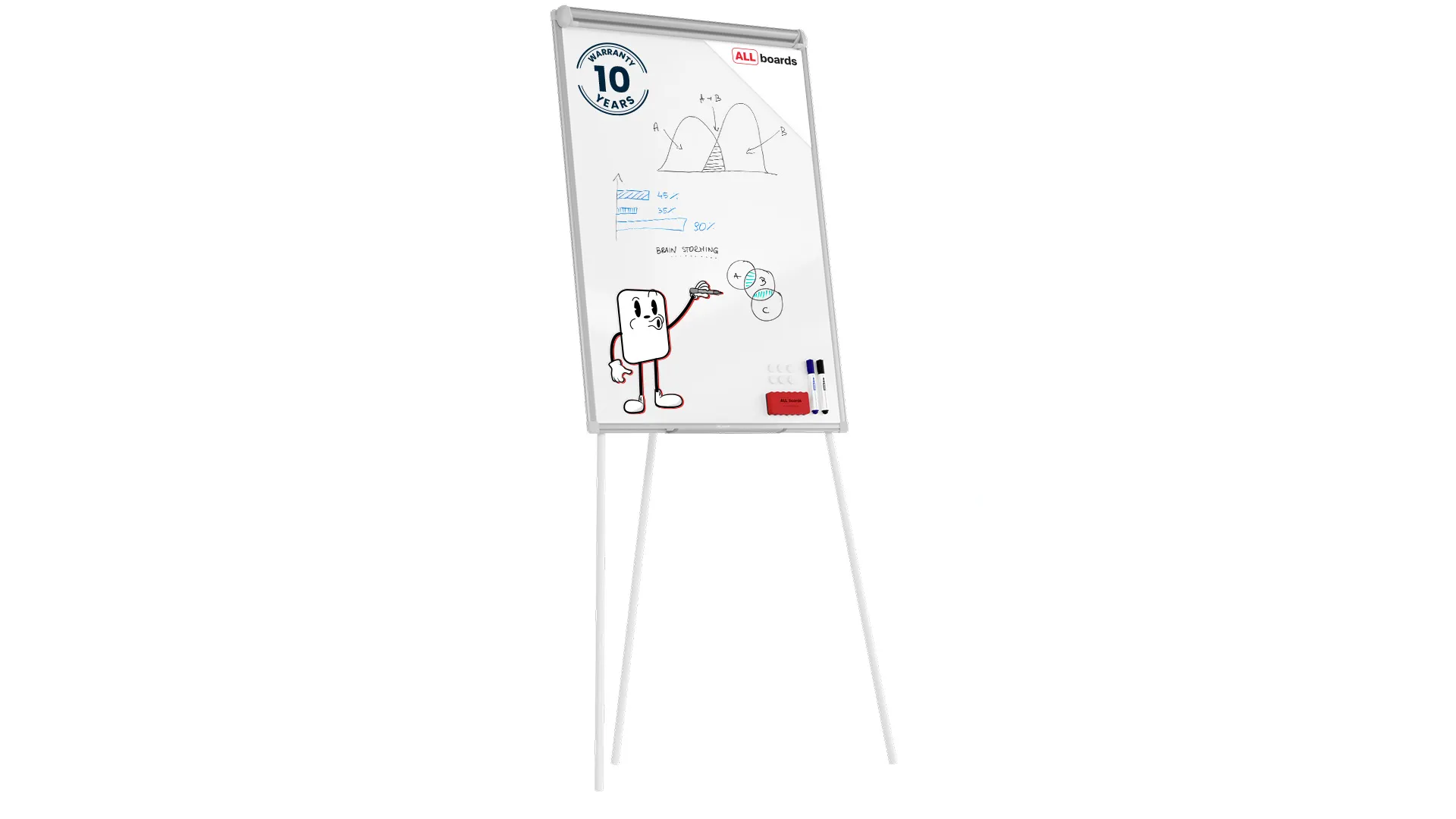 Chevalet de Conférence effaçable à sec et magnétique 100x70cm argenté + ACCESSOIRES