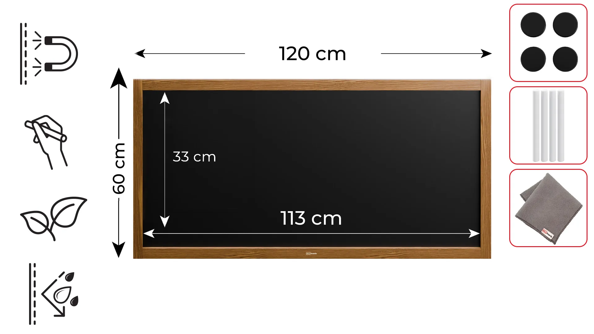 Tableau à craie noir magnétique étanche avec cadre en bois laqué 120 x 60 cm + accessoires – Image 2
