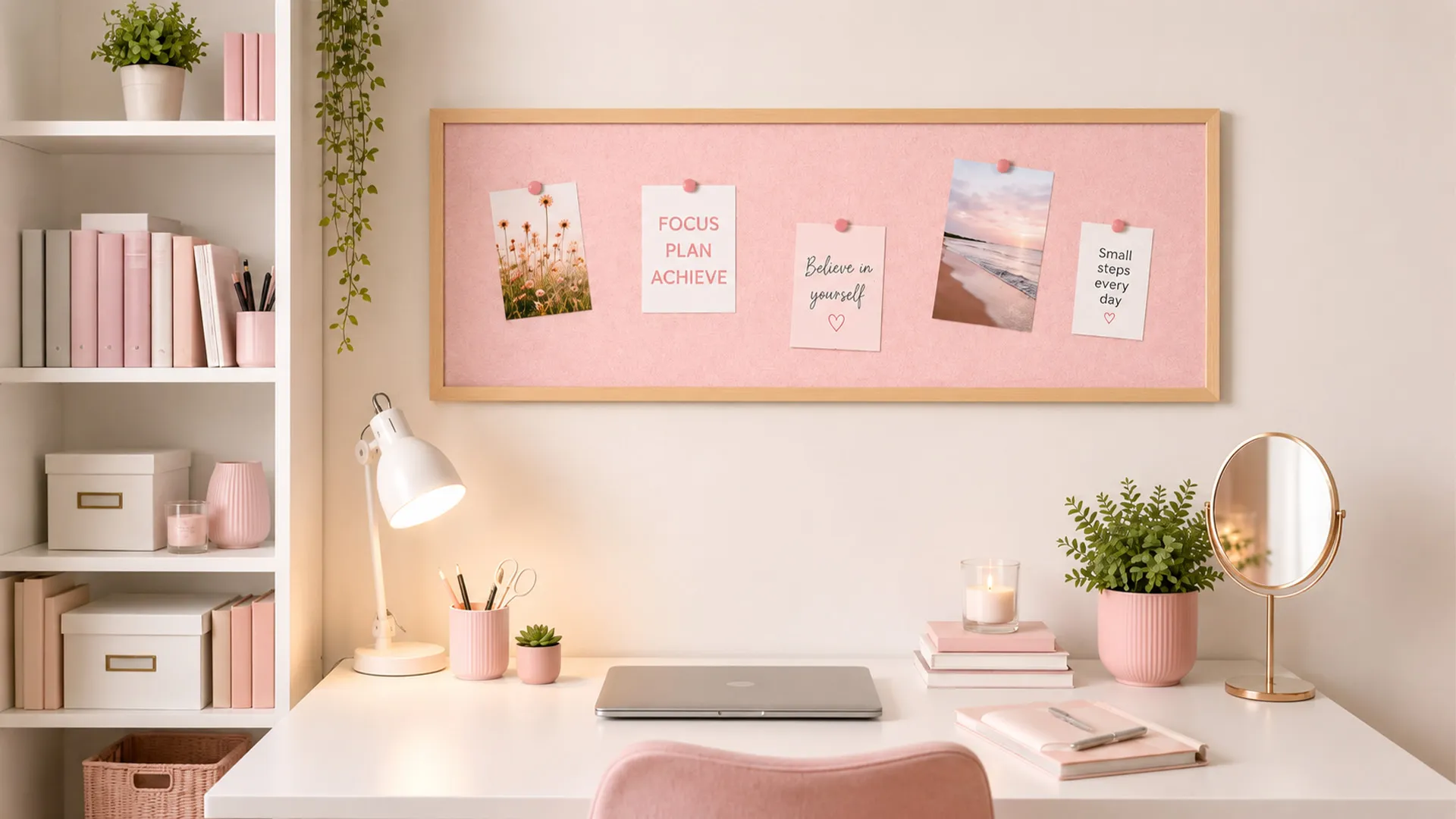 Tableau en feutre 100x40 cm, rose, avec cadre en bois laqué – Image 4