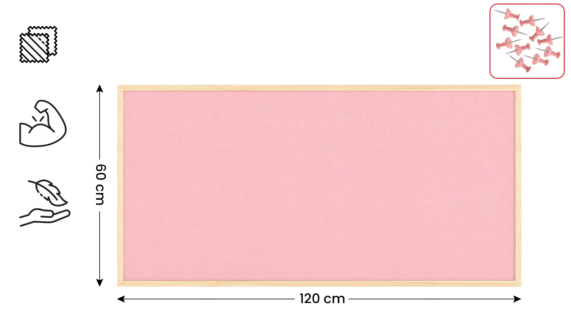 Tableau en feutre 120x60 cm, rose, avec cadre en bois laqué – Image 2