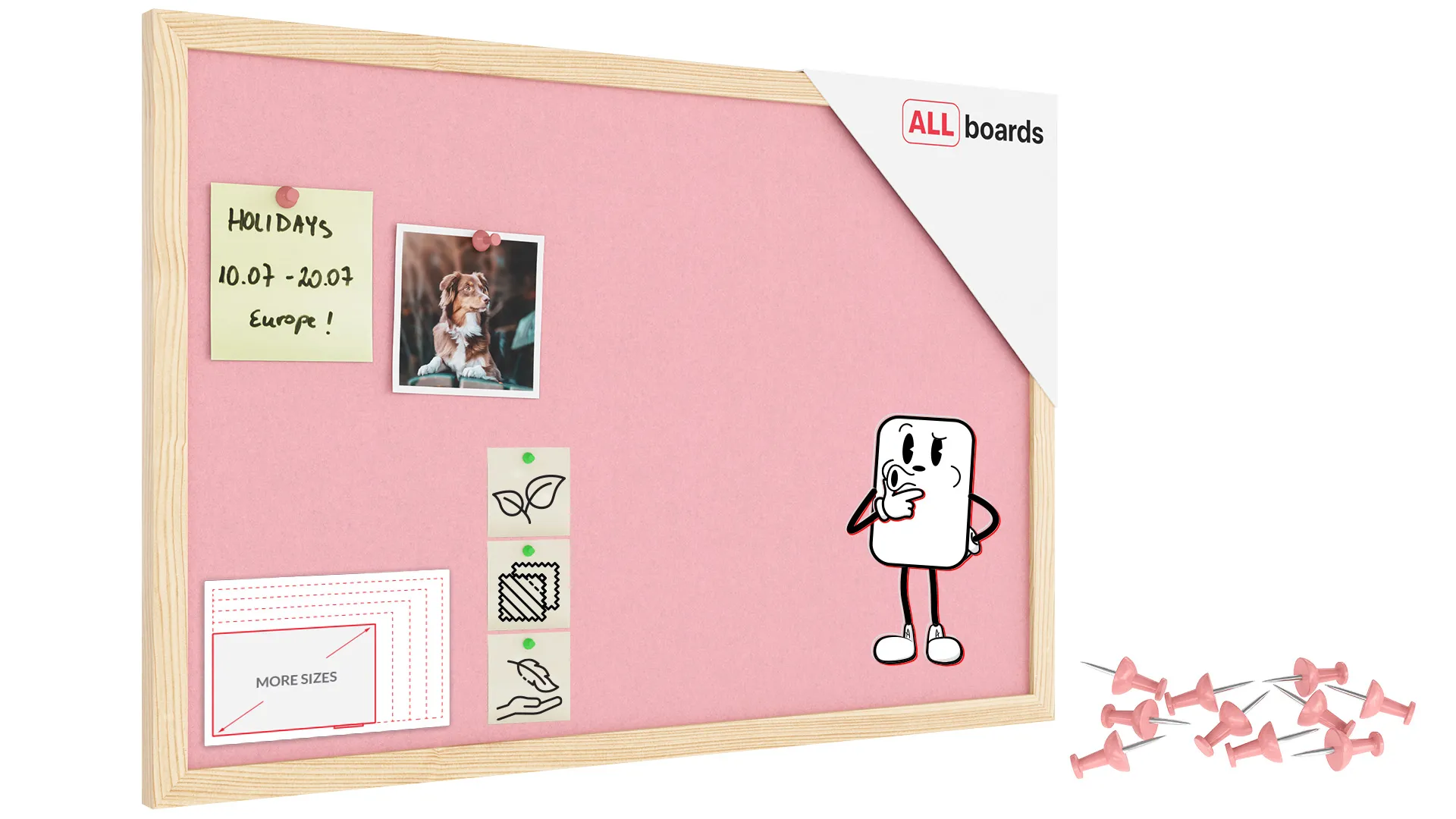 Tableau en feutre 60x40 cm, rose, avec cadre en bois laqué