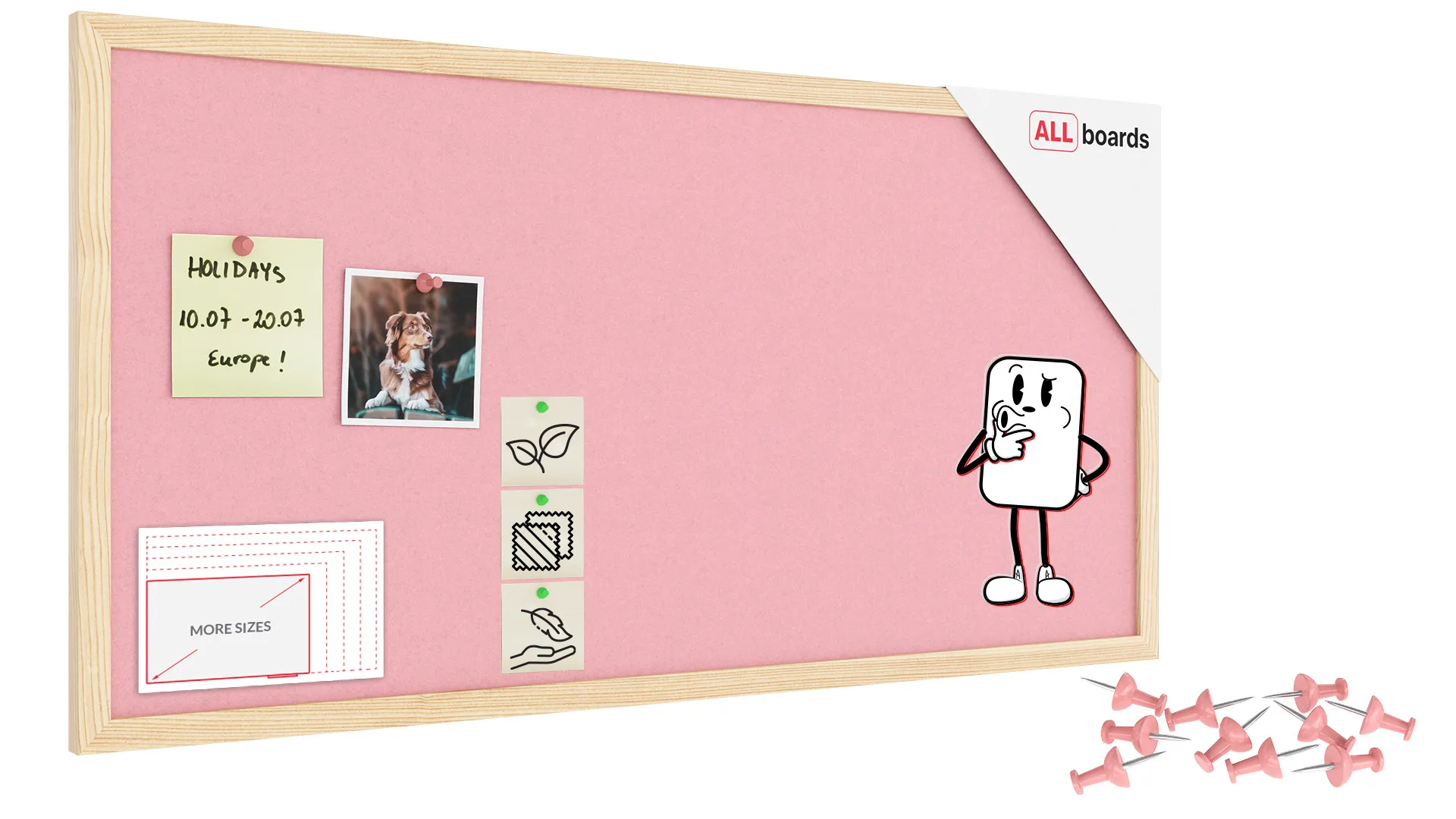 Tableau en feutre 80x40 cm, rose, avec cadre en bois laqué