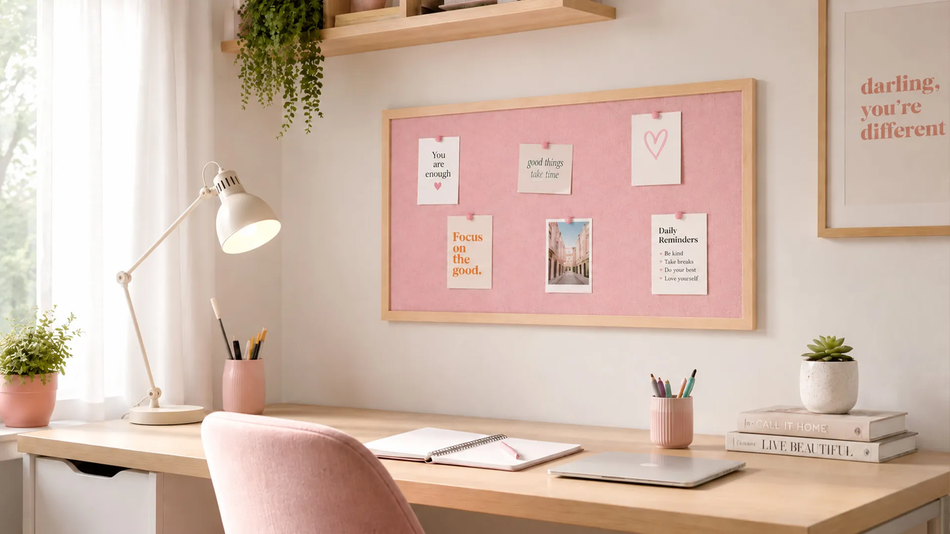 Tableau en feutre 80x40 cm, rose, avec cadre en bois laqué – Image 4