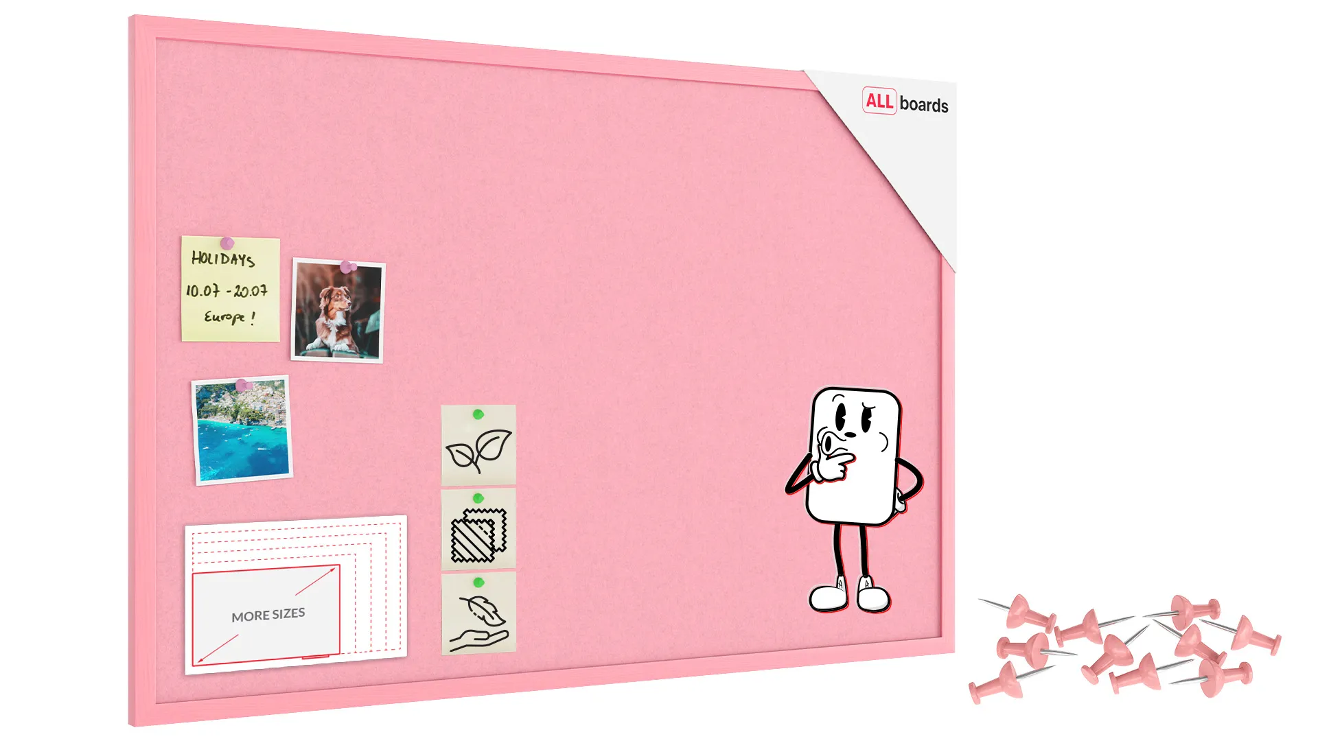 Tableau en feutre 90x60 cm, rose, avec cadre en bois rose