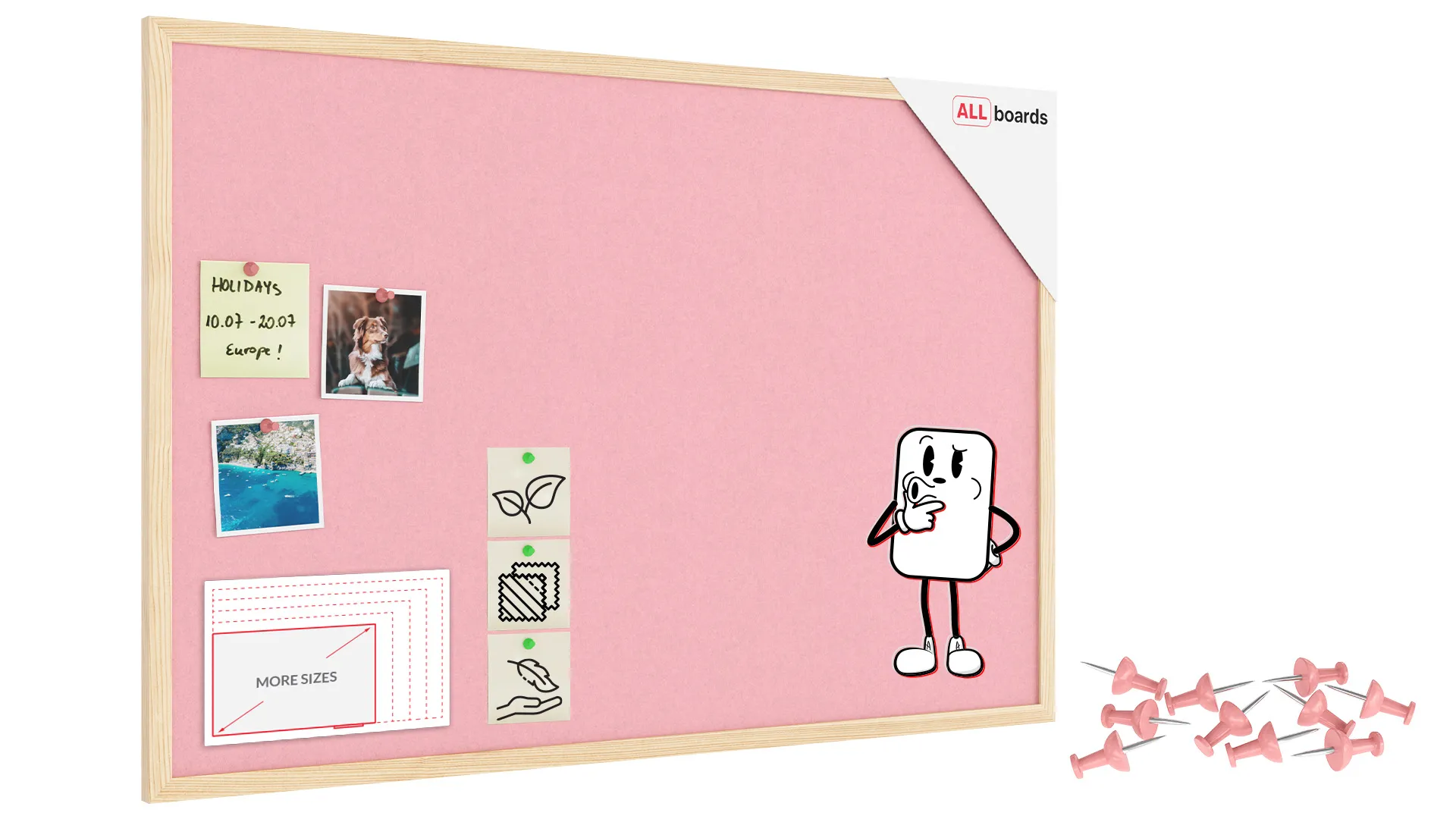 Tableau en feutre 90x60 cm, rose, avec cadre en bois laqué