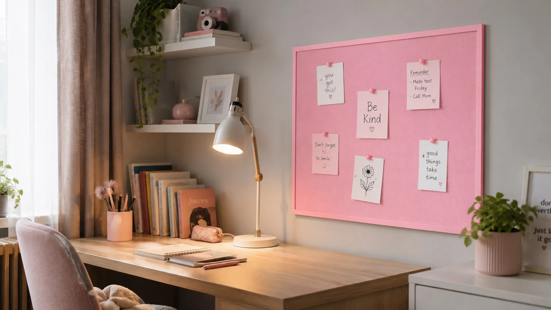 Tableau en feutre 90x60 cm, rose, avec cadre en bois rose – Image 4