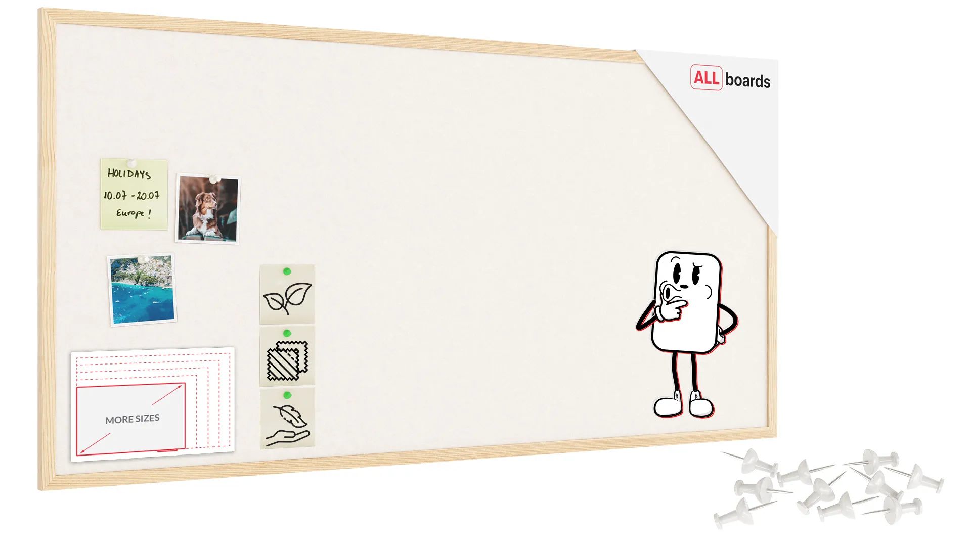 Tableau en feutre 120x60 cm, blanc, avec cadre en bois laqué